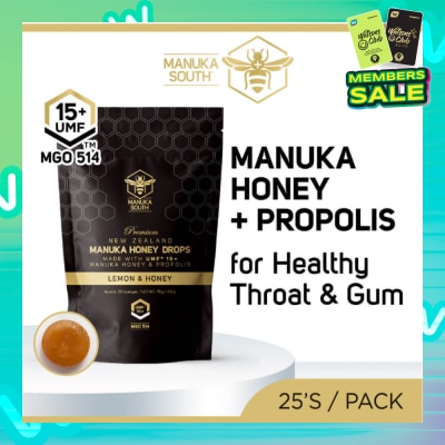 MANUKA SOUTH UMF15+ Manuka Honey DROPS with Propolis Lozenges (For Cough + Flu + Sore Throat + Ulcer + Gum + Bad Breath + Immunity Support) 25s