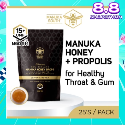 MANUKA SOUTH UMF15+ Manuka Honey DROPS with Propolis Lozenges (For Cough + Flu + Sore Throat + Ulcer + Gum + Bad Breath + Immunity Support) 25s