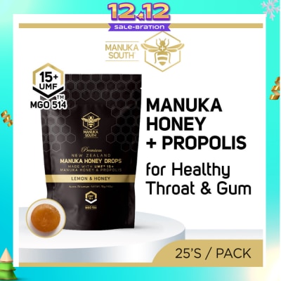 MANUKA SOUTH UMF15+ Manuka Honey DROPS with Propolis Lozenges (For Cough + Flu + Sore Throat + Ulcer + Gum + Bad Breath + Immunity Support) 25s