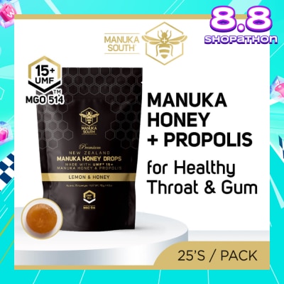 MANUKA SOUTH UMF15+ Manuka Honey DROPS with Propolis Lozenges (For Cough + Flu + Sore Throat + Ulcer + Gum + Bad Breath + Immunity Support) 25s
