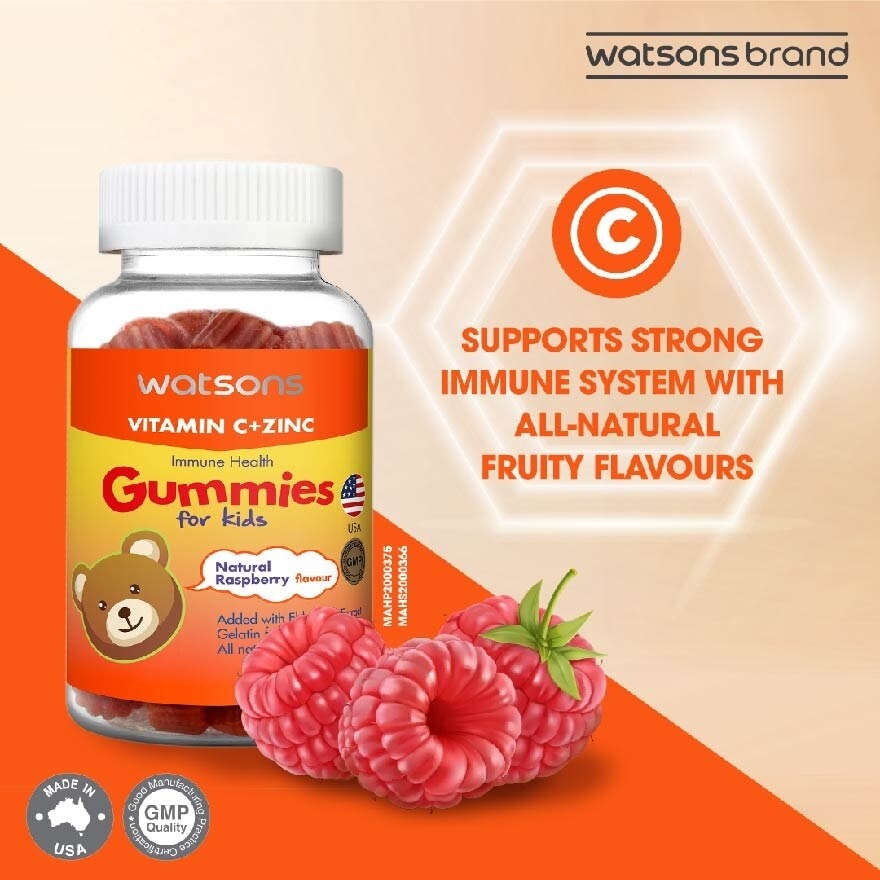 Vitamin C + Zinc Gummies For Kids (Added Elderberry Extract Gelatin Free) Natural Raspberry Flavour 60s