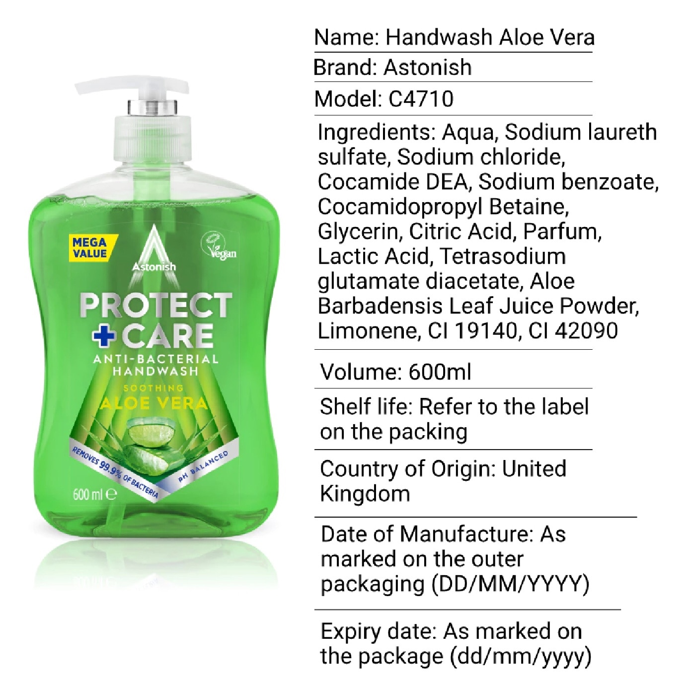 Antibacterial Handwash Aloe Vera 600ml