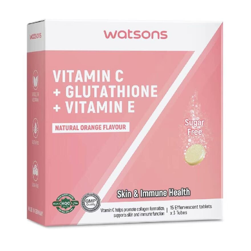 Vitamin C + Glutathione + Vitamin E Effervescent Tablet (Sugar-Free, Skin & Immune Health, Halal-Certified) 15s x 3 Tubes