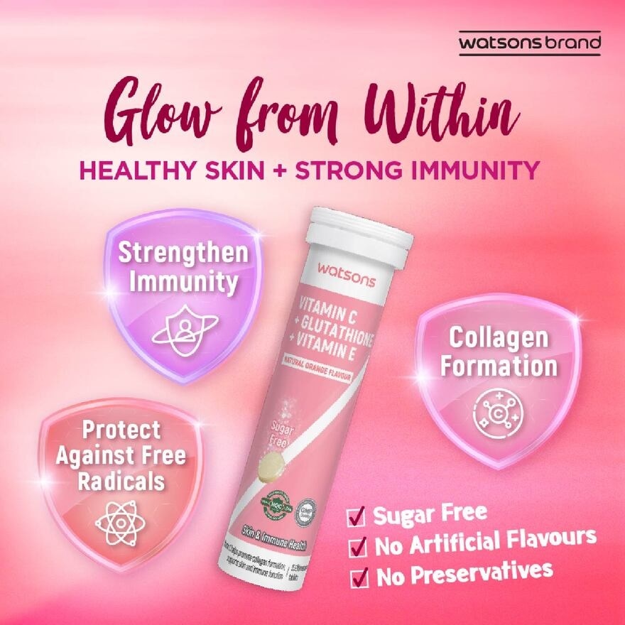 Vitamin C + Glutathione + Vitamin E Effervescent Tablet (Sugar-Free, Skin & Immune Health, Halal-Certified) 15s x 3 Tubes