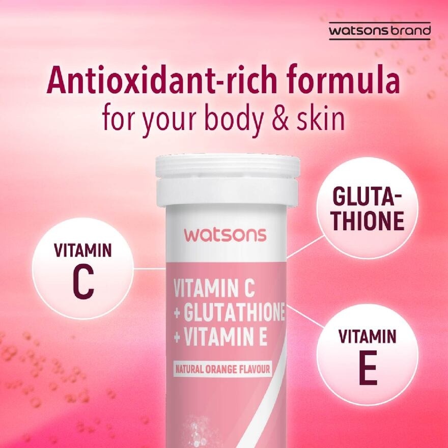 Vitamin C + Glutathione + Vitamin E Effervescent Tablet (Sugar-Free, Skin & Immune Health, Halal-Certified) 15s x 3 Tubes