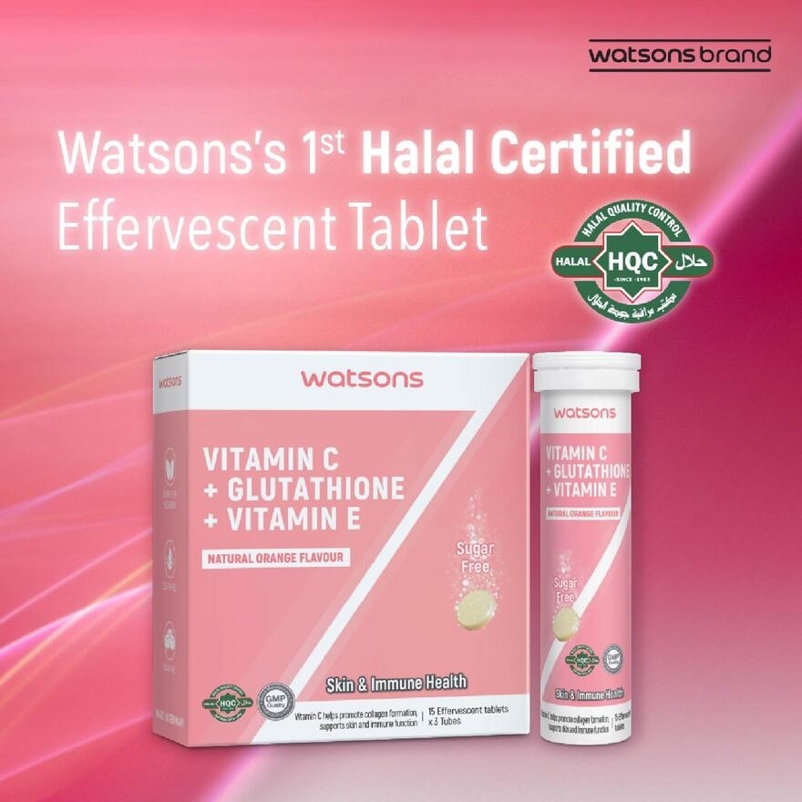 Vitamin C + Glutathione + Vitamin E Effervescent Tablet (Sugar-Free, Skin & Immune Health, Halal-Certified) 15s x 3 Tubes