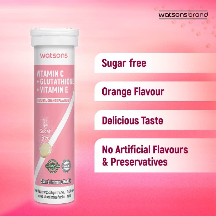 Vitamin C + Glutathione + Vitamin E Effervescent Tablet (Sugar-Free, Skin & Immune Health, Halal-Certified) 15s x 3 Tubes