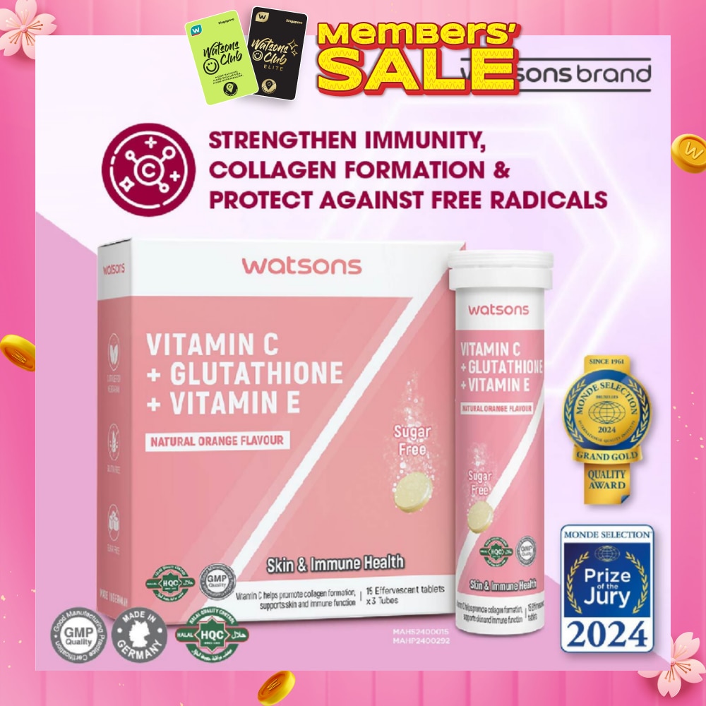 Vitamin C + Glutathione + Vitamin E Effervescent Tablet (Sugar-Free, Skin & Immune Health, Halal-Certified) 15s x 3 Tubes