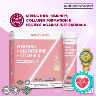 WATSONS Vitamin C + Glutathione + Vitamin E Effervescent Tablet (Sugar-Free, Skin & Immune Health, Halal-Certified) 15s x 3 Tubes