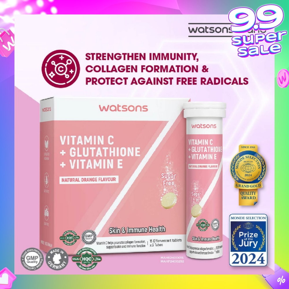 Vitamin C + Glutathione + Vitamin E Effervescent Tablet (Sugar-Free, Skin & Immune Health, Halal-Certified) 15s x 3 Tubes