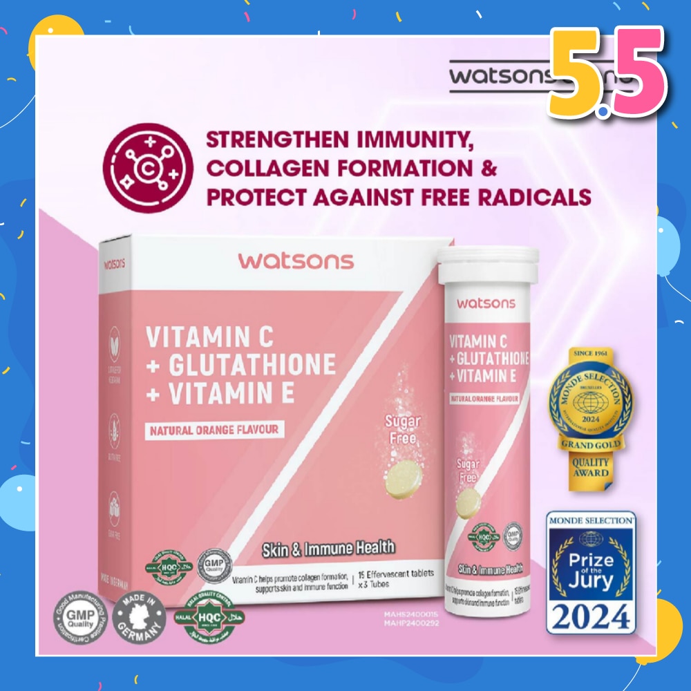 Vitamin C + Glutathione + Vitamin E Effervescent Tablet (Sugar-Free, Skin & Immune Health, Halal-Certified) 15s x 3 Tubes