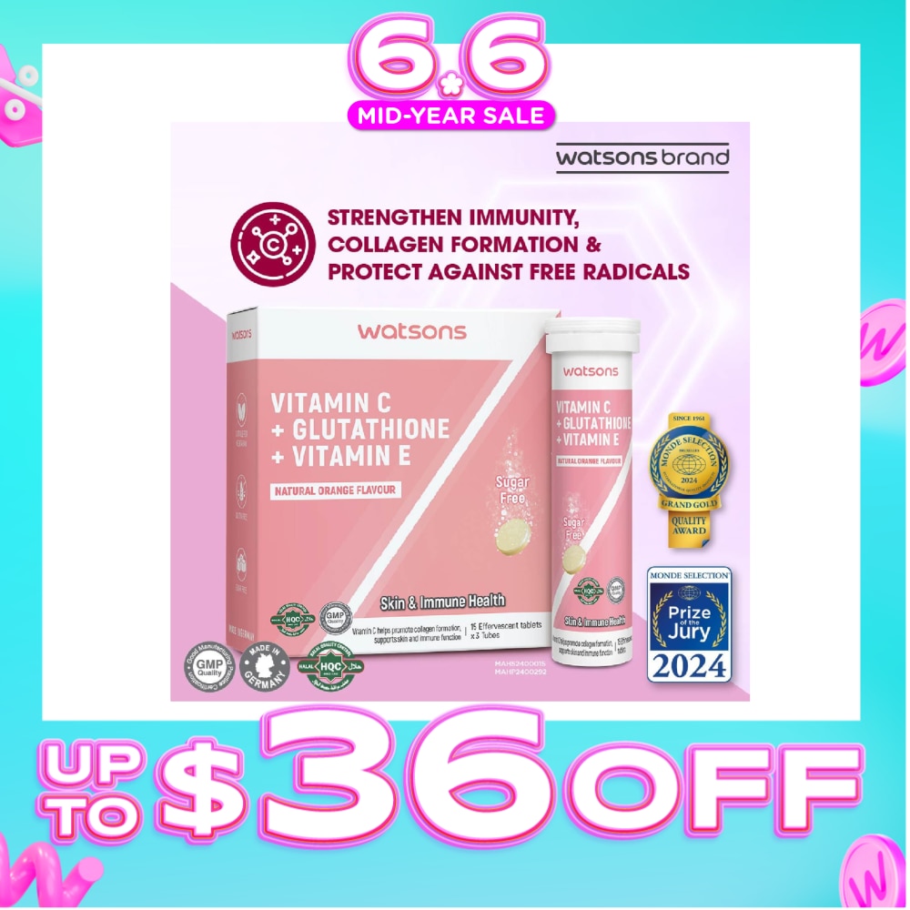 WATSONS Vitamin C + Glutathione + Vitamin E Effervescent Tablet  (Sugar-Free, Skin & Immune Health, Halal-Certified) 15s x 3 Tubes (Expiry:  Feb 2027) | Vitamins & Supplements