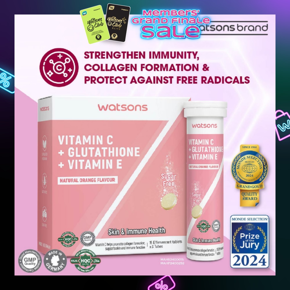 Vitamin C + Glutathione + Vitamin E Effervescent Tablet (Sugar-Free, Skin & Immune Health, Halal-Certified) 15s x 3 Tubes