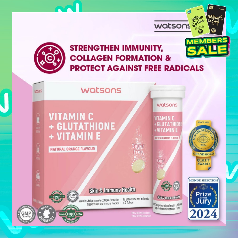 Vitamin C + Glutathione + Vitamin E Effervescent Tablet (Sugar-Free, Skin & Immune Health, Halal-Certified) 15s x 3 Tubes