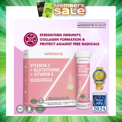 WATSONS - Vitamin C + Glutathione + Vitamin E Effervescent Tablet (Sugar-Free, Skin & Immune Health, Halal-Certified) 15s x 3 Tubes (Expiry: Feb`2027)