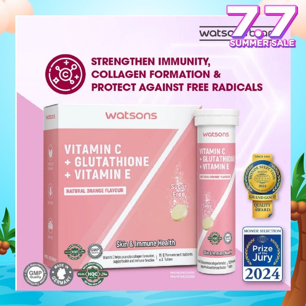 Vitamin C + Glutathione + Vitamin E Effervescent Tablet (Sugar-Free, Skin & Immune Health, Halal-Certified) 15s x 3 Tubes