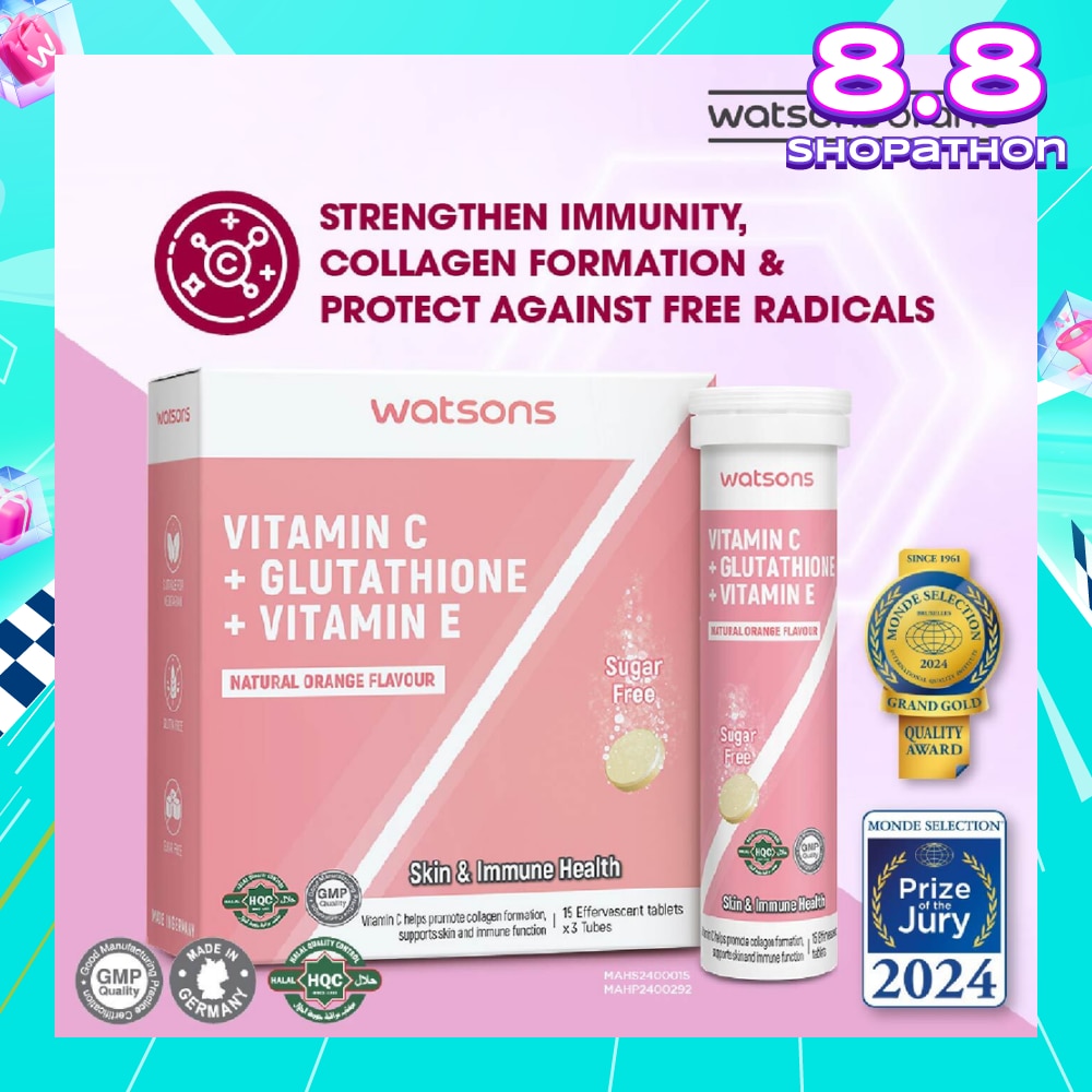 Vitamin C + Glutathione + Vitamin E Effervescent Tablet (Sugar-Free, Skin & Immune Health, Halal-Certified) 15s x 3 Tubes