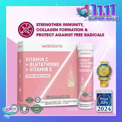WATSONS Vitamin C + Glutathione + Vitamin E Effervescent Tablet (Sugar-Free, Skin & Immune Health, Halal-Certified) 15s x 3 Tubes