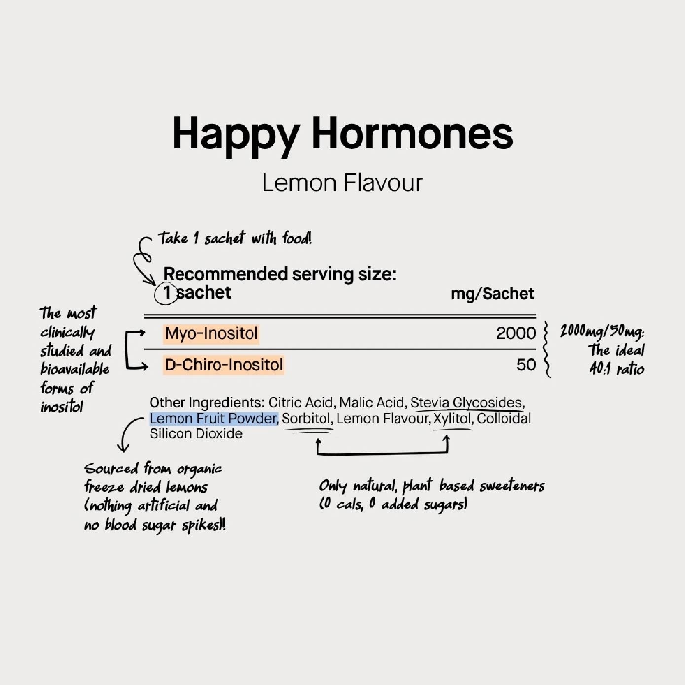 Happy Hormones Myo & D Chiro Inositol Blend Lemon Powder Sachet (To Promote Hormonal Balance & Support Fertility) 30s image