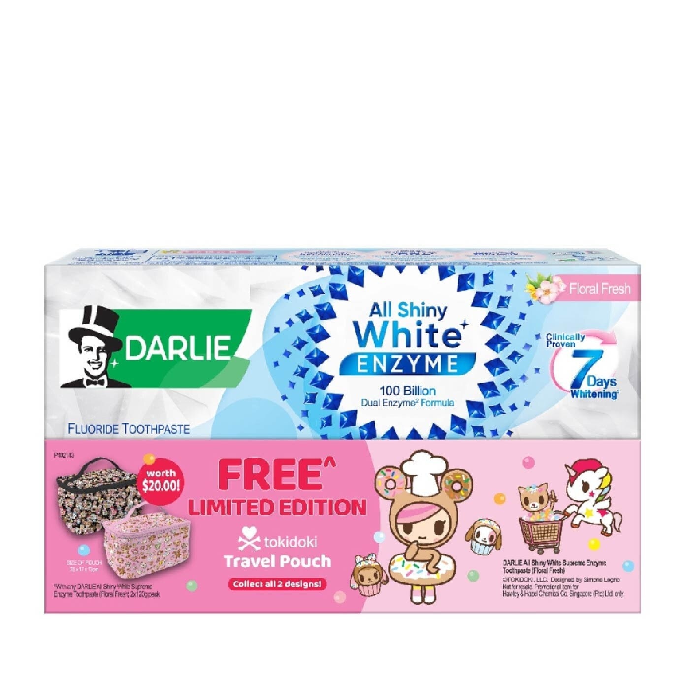 All Shiny White Enzyme Floral Fresh Toothpaste Twinpack 120g x 2s + Tokidoki Travel Pouch 1s