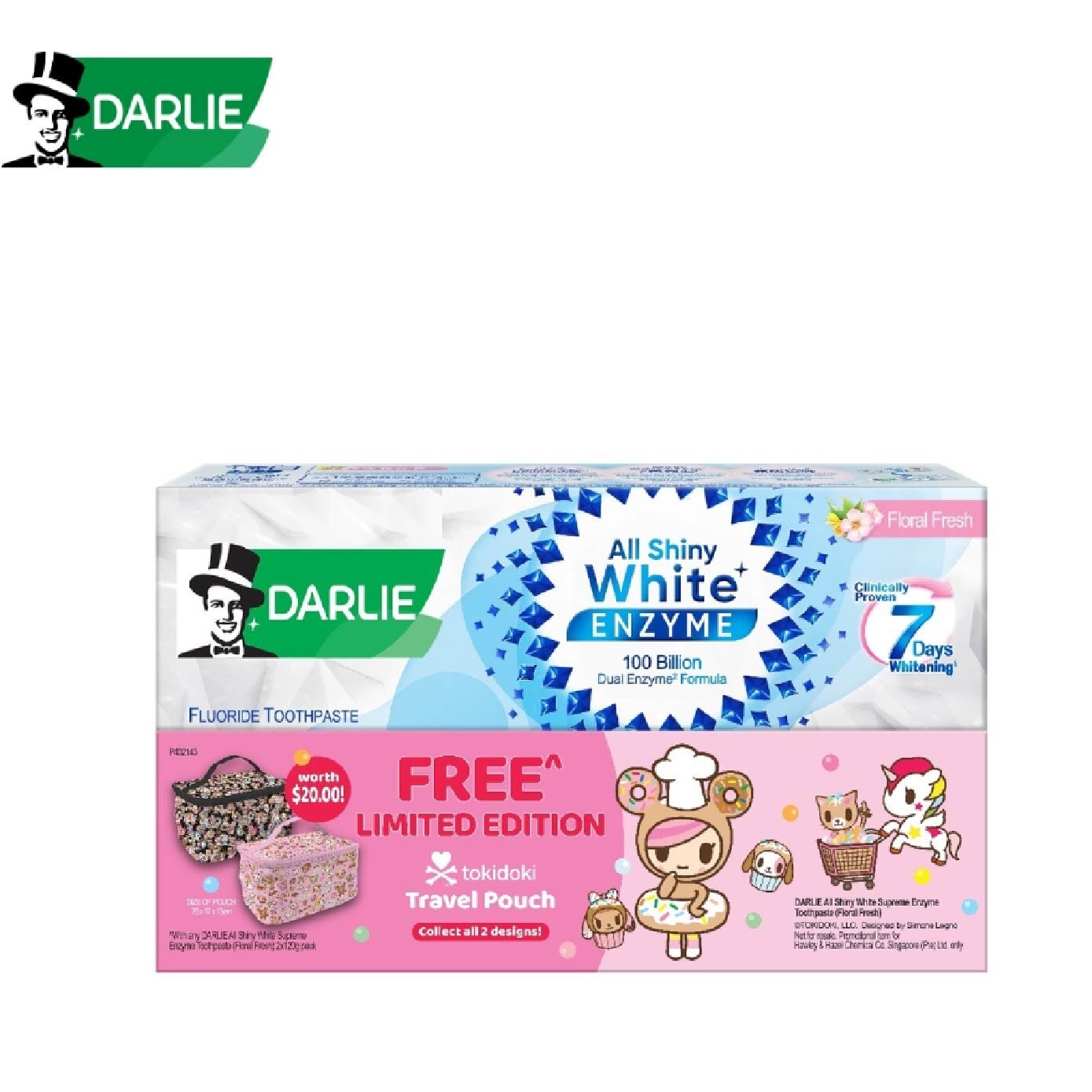 All Shiny White Enzyme Floral Fresh Toothpaste Twinpack 120g x 2s + Tokidoki Travel Pouch 1s