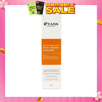 EVANS Dermalogical Very High Protection SPF60+ Mineral Sunscreen PA++++ UVA/UVB (For All Types Of Sensitive Skin) 50ml