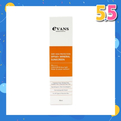EVANS Dermalogical Very High Protection SPF60+ Mineral Sunscreen PA++++ UVA/UVB (For All Types Of Sensitive Skin) 50ml