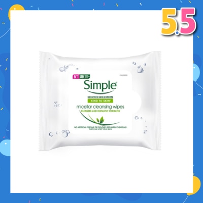 SIMPLE Micellar Cleansing Wipe Sheet No Artificial Perfume or Colour (Cleanses & Instantly Hydrates) 25s