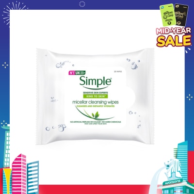 SIMPLE Micellar Cleansing Wipe Sheet No Artificial Perfume or Colour (Cleanses & Instantly Hydrates) 25s