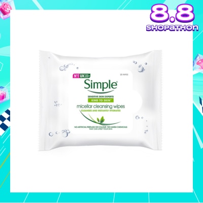 SIMPLE Micellar Cleansing Wipe Sheet No Artificial Perfume or Colour (Cleanses & Instantly Hydrates) 25s