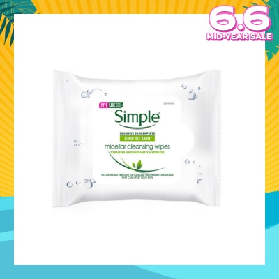 SIMPLE Micellar Cleansing Wipe Sheet No Artificial Perfume or Colour (Cleanses & Instantly Hydrates) 25s