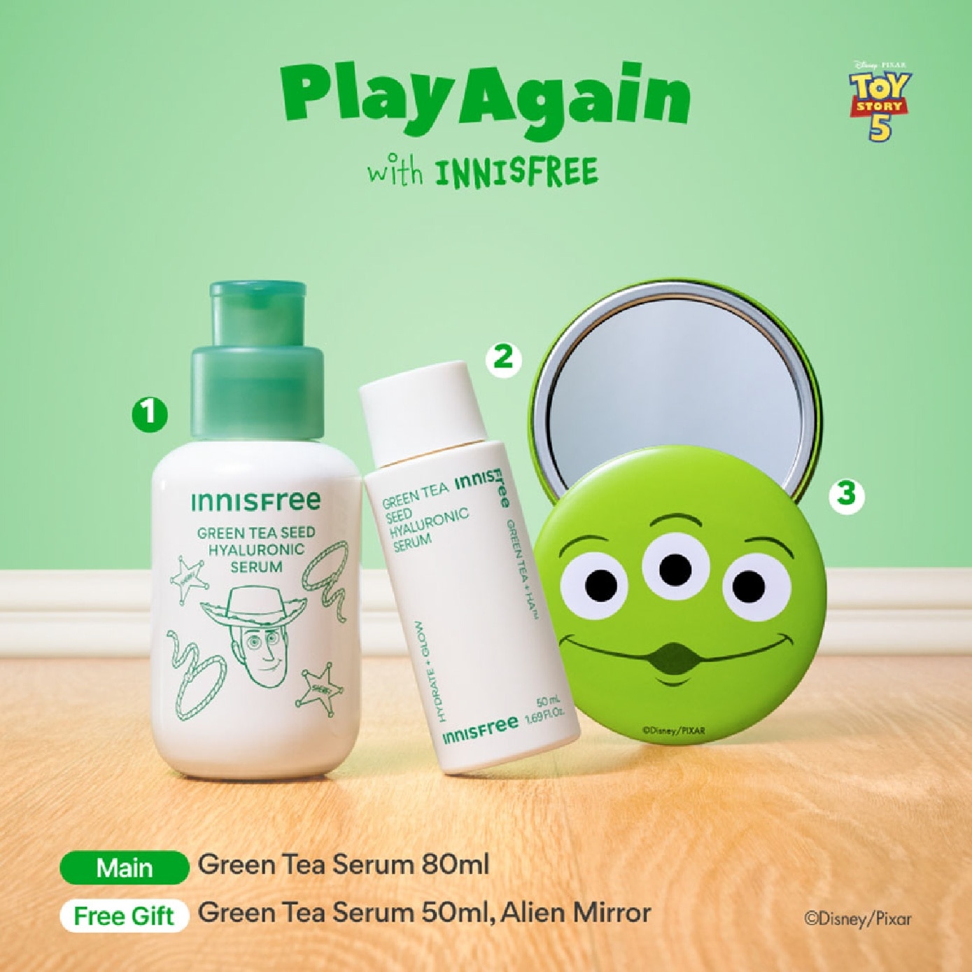 X Toy Story 5 Green Tea Seed Hyaluronic Serum Set consists of 80ml + 50ml with Free Hand Mirror 1s