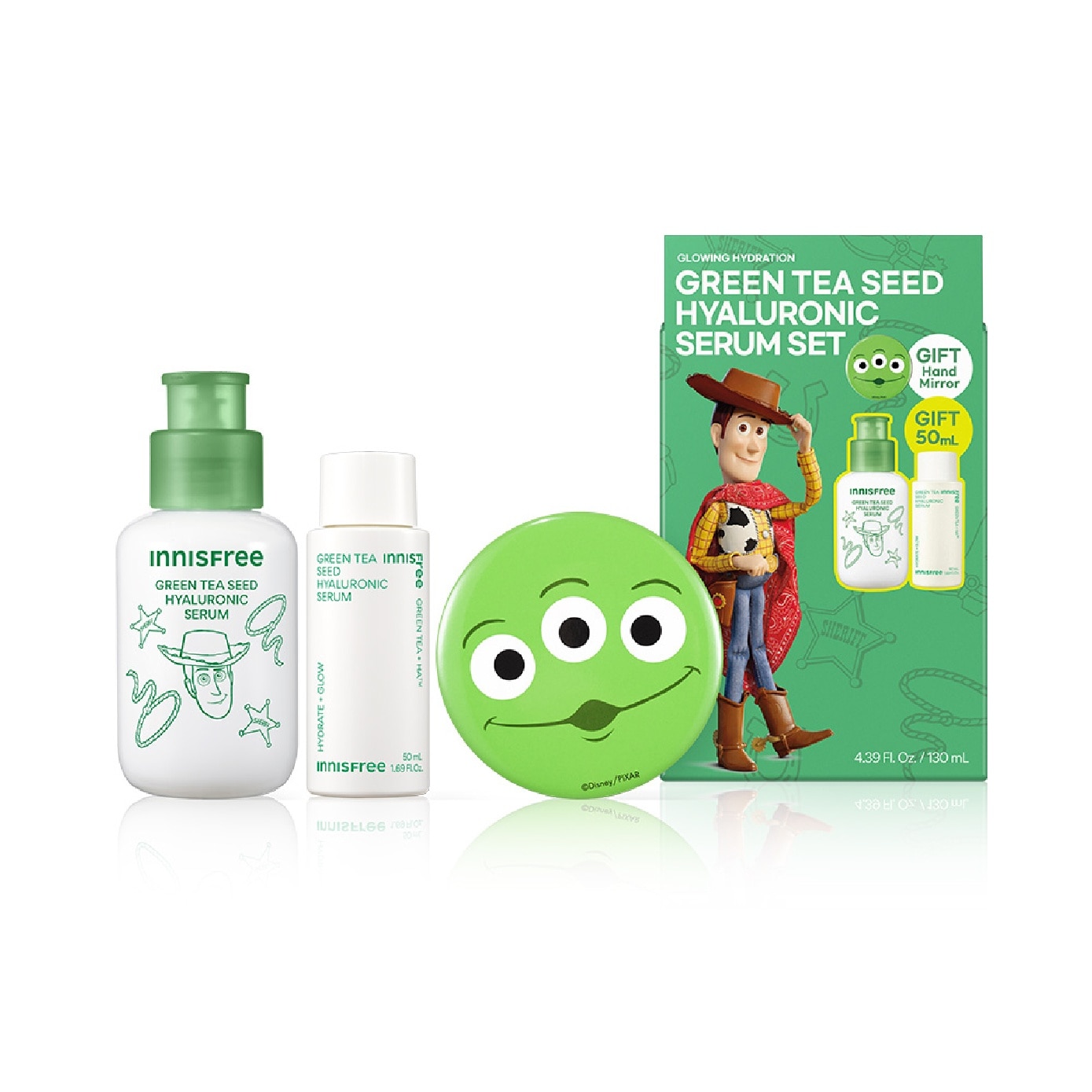 X Toy Story 5 Green Tea Seed Hyaluronic Serum Set consists of 80ml + 50ml with Free Hand Mirror 1s