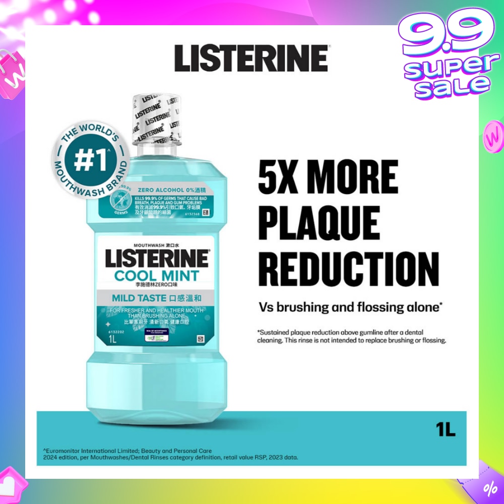 Zero Non Alcohol Mouthwash Cool Mint Less Intense Taste (Kills 99.9% Germs That Causes Bad Breath) 1000ml