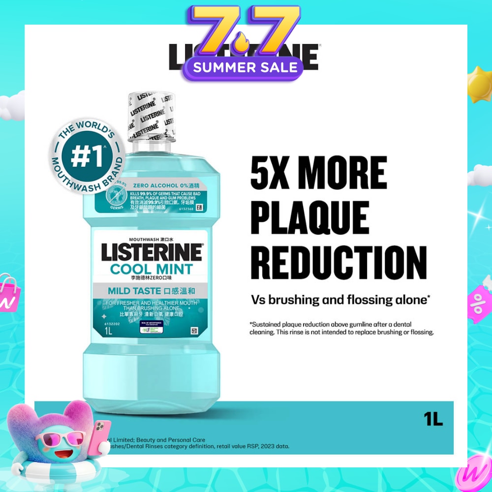 Zero Non Alcohol Mouthwash Cool Mint Less Intense Taste (Kills 99.9% Germs That Causes Bad Breath) 1000ml