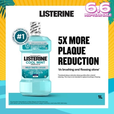 LISTERINE Zero Non Alcohol Mouthwash Cool Mint Less Intense Taste (Kills 99.9% Germs That Causes Bad Breath) 1000ml