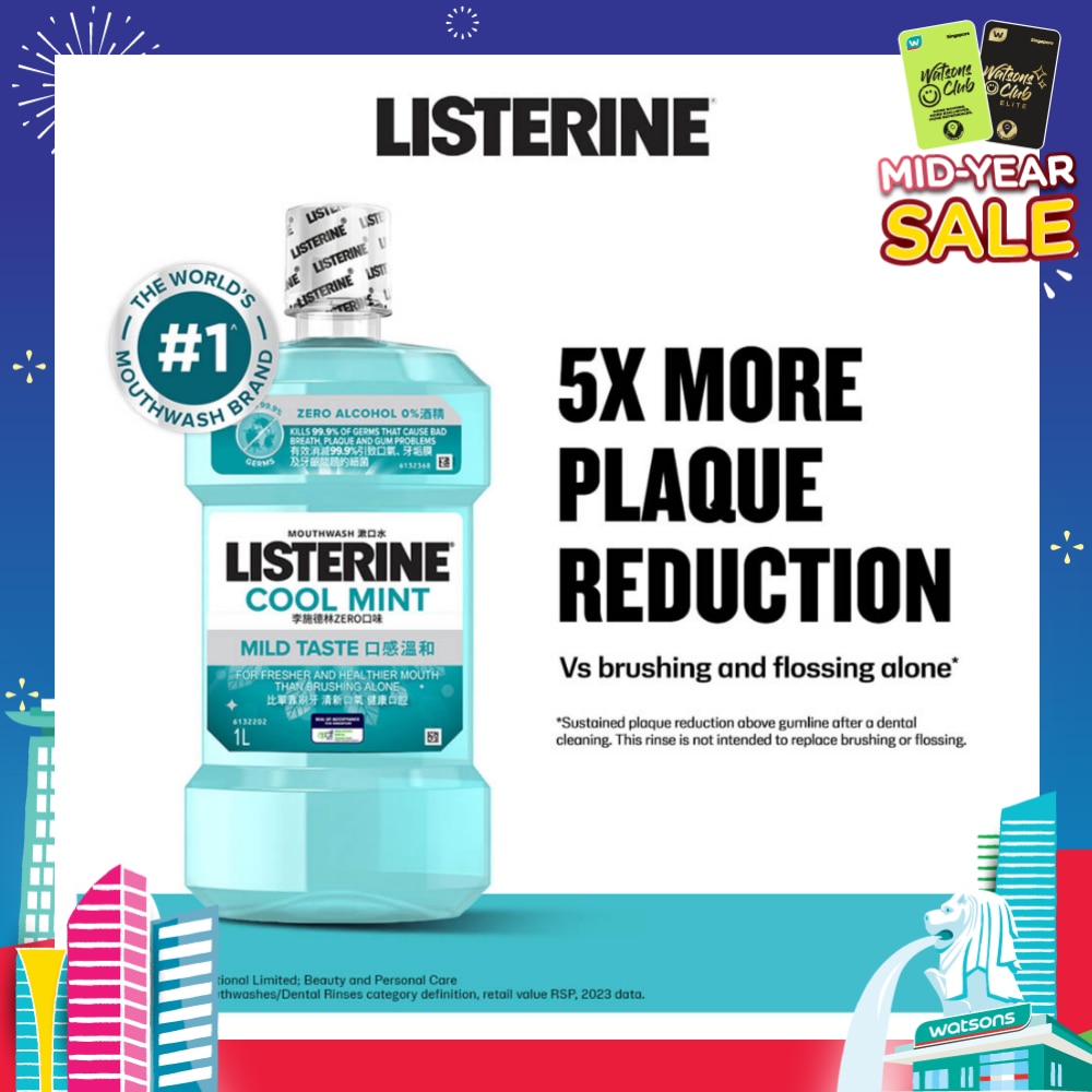 Zero Non Alcohol Mouthwash Cool Mint Less Intense Taste (Kills 99.9% Germs That Causes Bad Breath) 1000ml