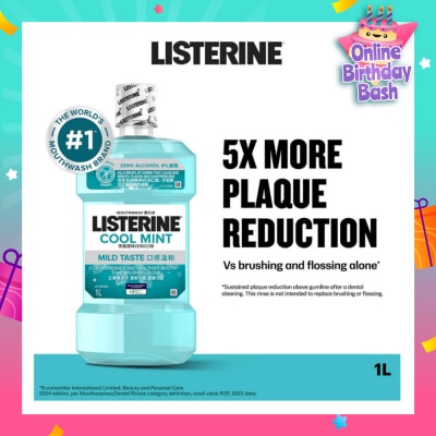LISTERINE Zero Non Alcohol Mouthwash Cool Mint Less Intense Taste (Kills 99.9% Germs That Causes Bad Breath) 1000ml