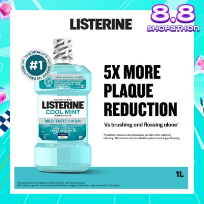 LISTERINE Zero Non Alcohol Mouthwash Cool Mint Less Intense Taste (Kills 99.9% Germs That Causes Bad Breath) 1000ml
