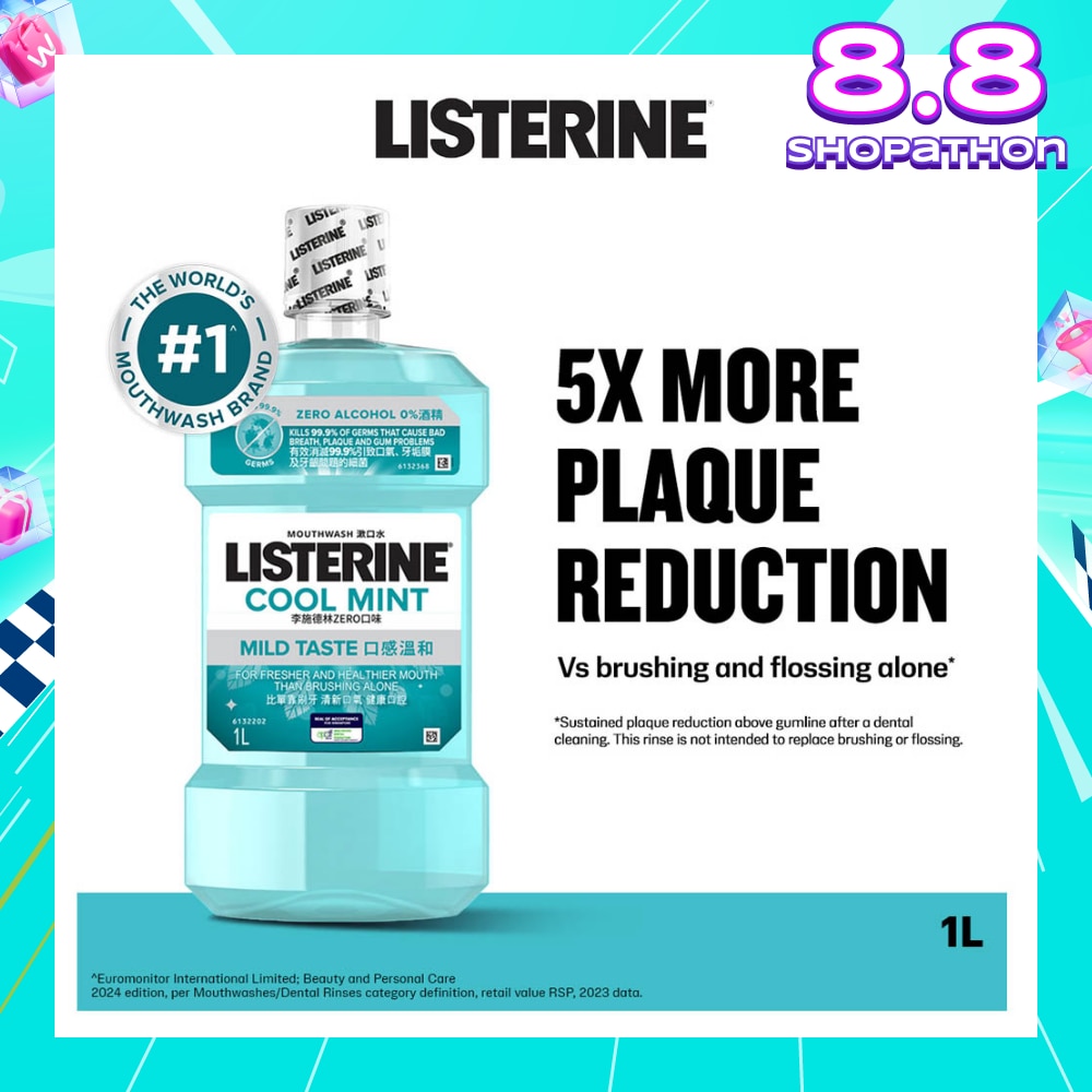 Zero Non Alcohol Mouthwash Cool Mint Less Intense Taste (Kills 99.9% Germs That Causes Bad Breath) 1000ml
