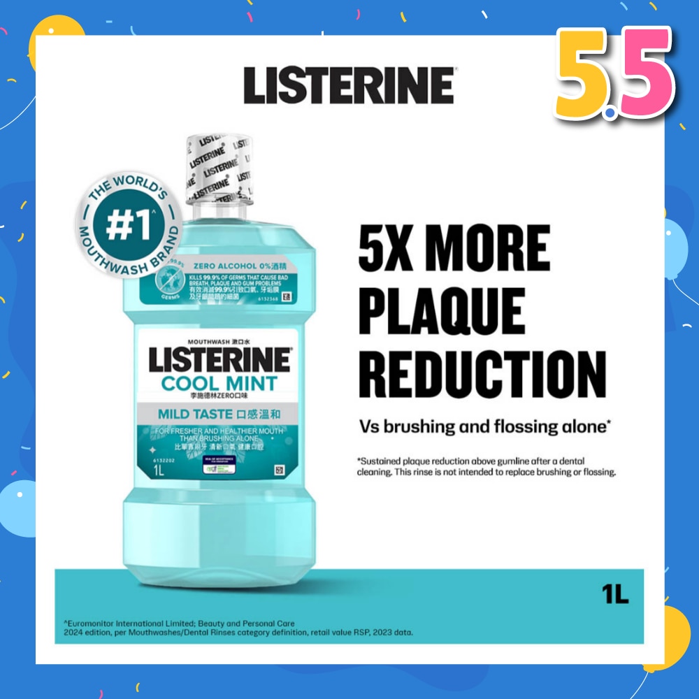 Zero Non Alcohol Mouthwash Cool Mint Less Intense Taste (Kills 99.9% Germs That Causes Bad Breath) 1000ml