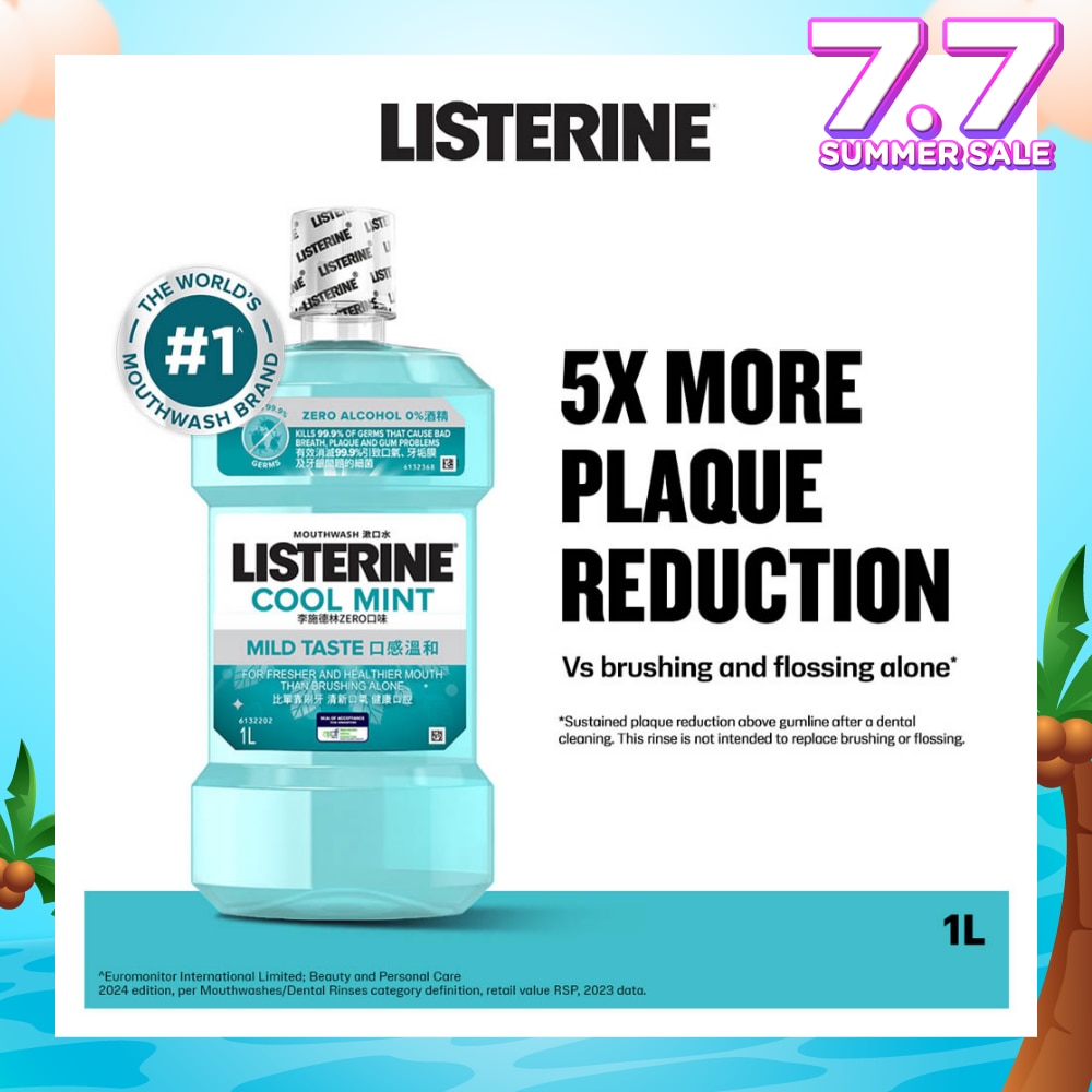 Zero Non Alcohol Mouthwash Cool Mint Less Intense Taste (Kills 99.9% Germs That Causes Bad Breath) 1000ml