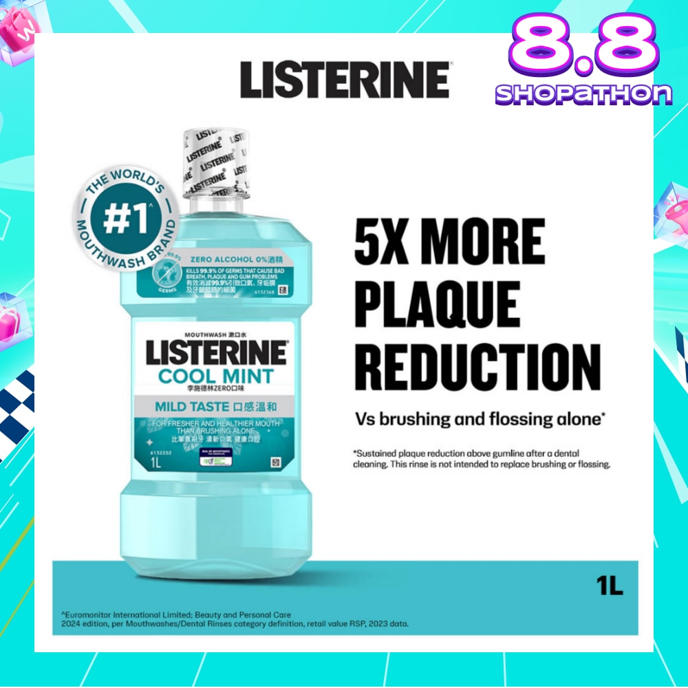 Zero Non Alcohol Mouthwash Cool Mint Less Intense Taste (Kills 99.9% Germs That Causes Bad Breath) 1000ml