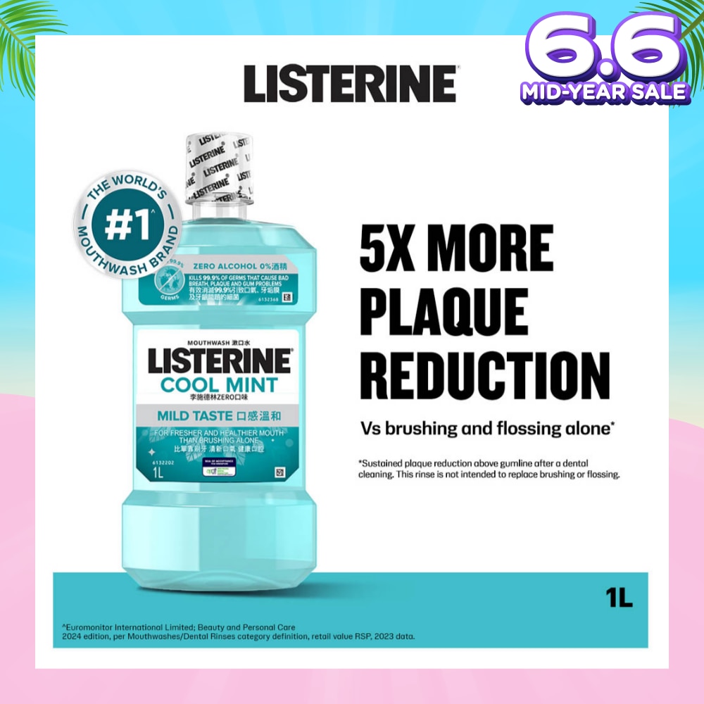 Zero Non Alcohol Mouthwash Cool Mint Less Intense Taste (Kills 99.9% Germs That Causes Bad Breath) 1000ml