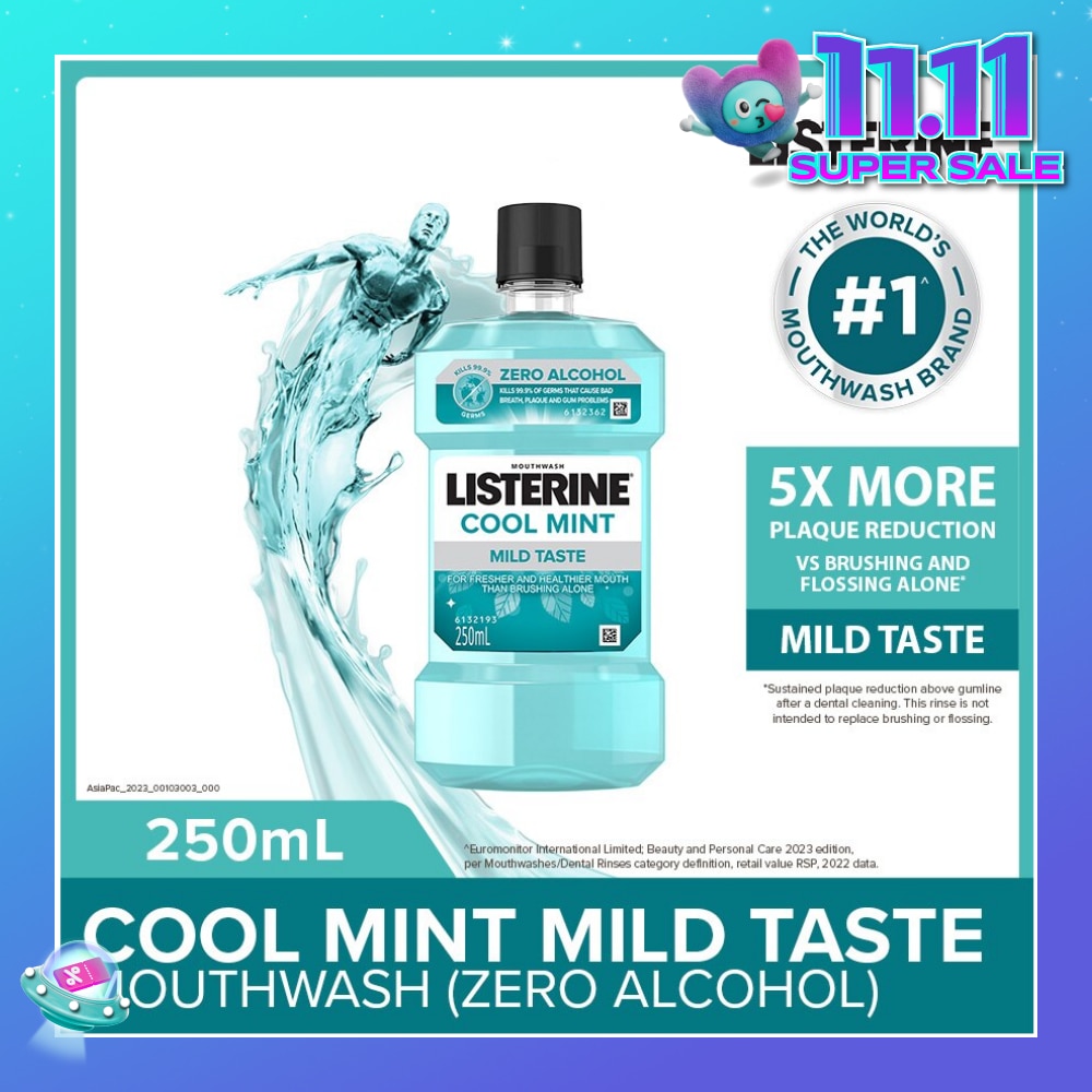Listerine Zero Non Alcohol Mouthwash Cool Mint Less Intense Taste 250ml