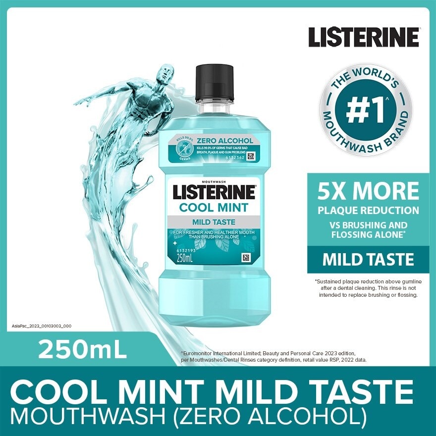 Zero Non Alcohol Mouthwash Cool Mint Less Intense Taste (Kills 99.9% Germs That Causes Bad Breath) 250ml