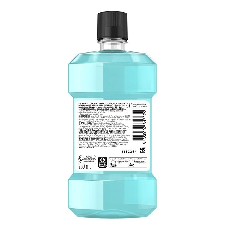 Zero Non Alcohol Mouthwash Cool Mint Less Intense Taste (Kills 99.9% Germs That Causes Bad Breath) 250ml