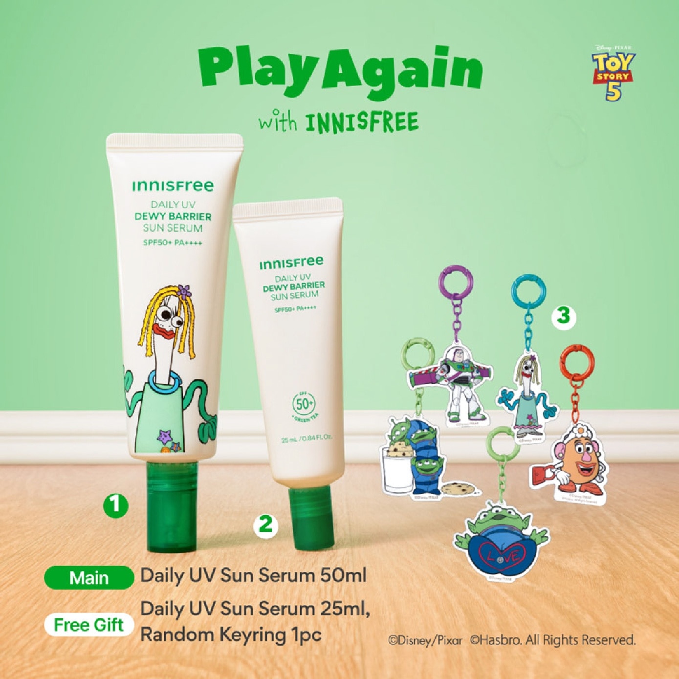 X Toy Story 5 Daily UV Dewy Barrier Sun Serum Set consists of 50ml + 25ml with Free Random Key Ring 1s
