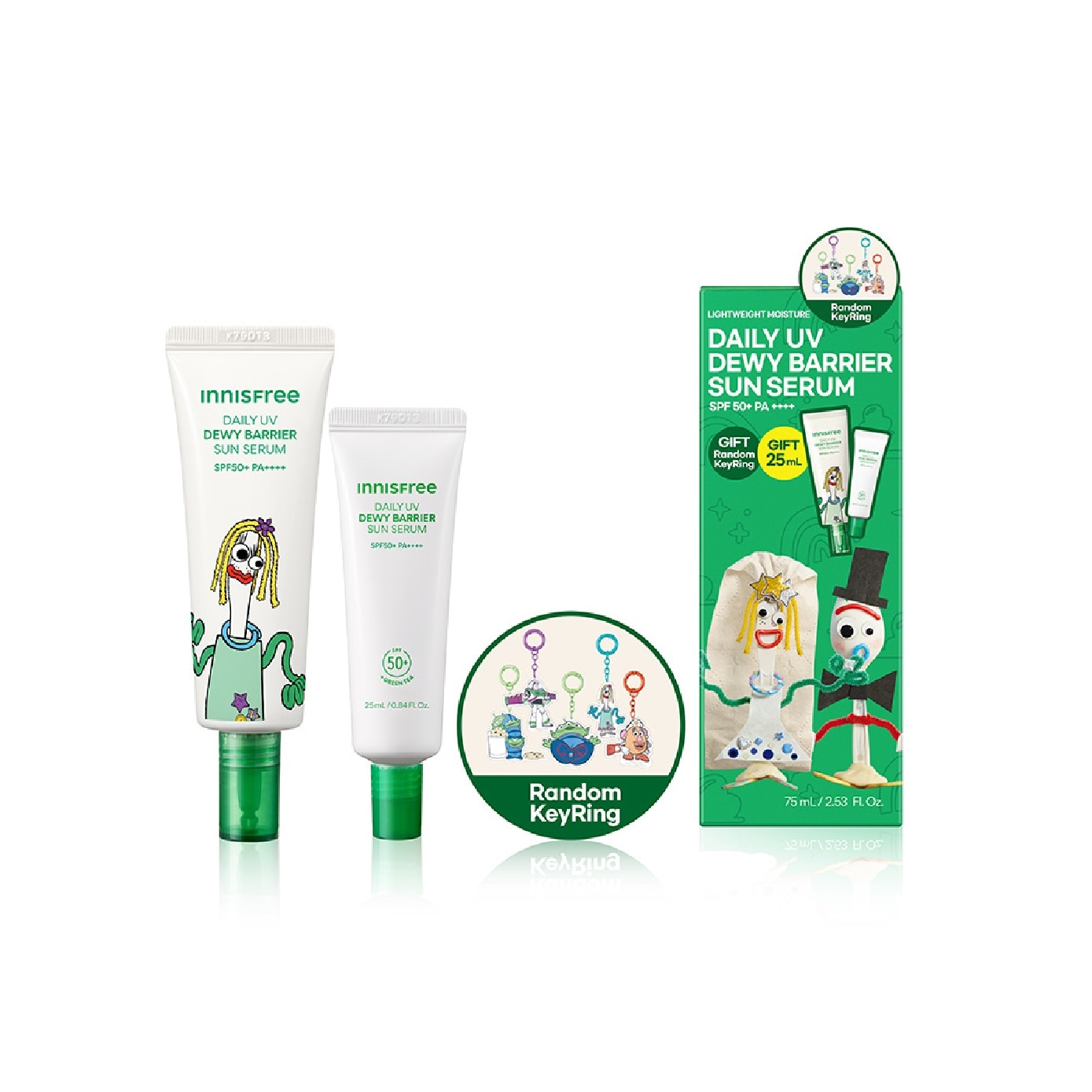 X Toy Story 5 Daily UV Dewy Barrier Sun Serum Set consists of 50ml + 25ml with Free Random Key Ring 1s