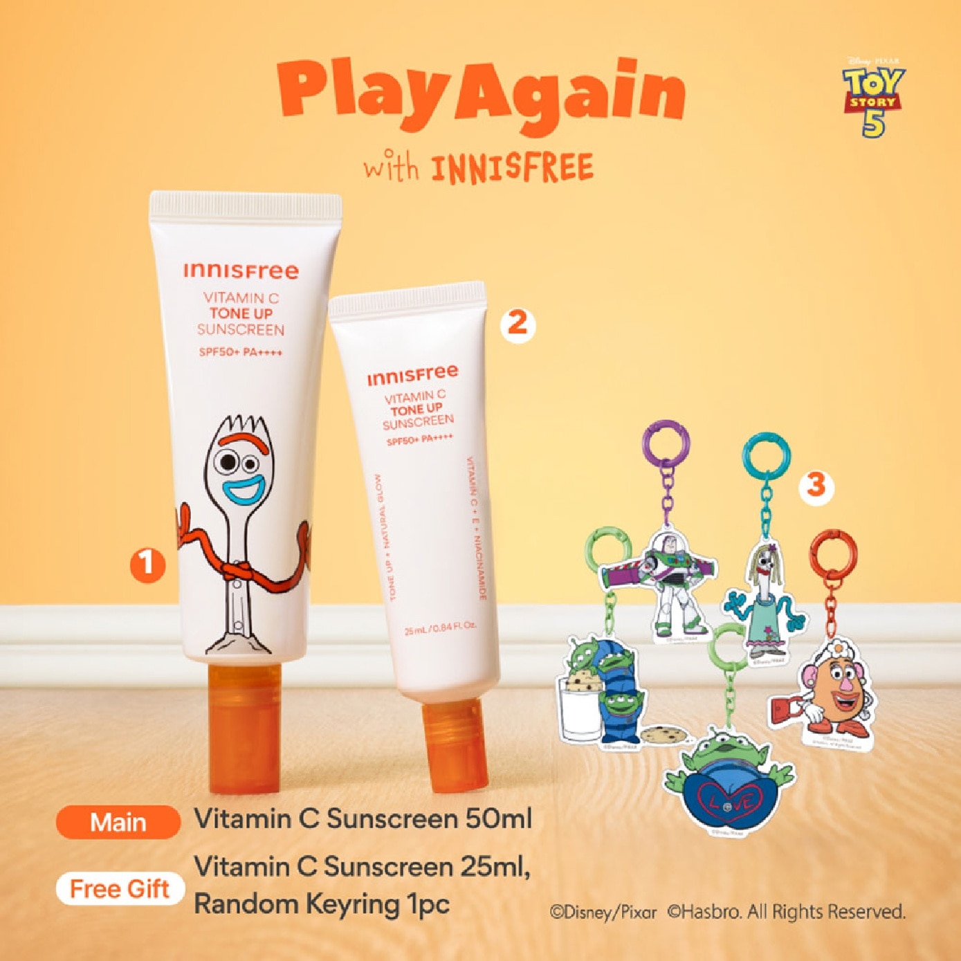 X Toy Story 5 Vitamin C Tone Up Sunscreen Set consists of 50ml + 25ml with Free Random Key Ring 1s
